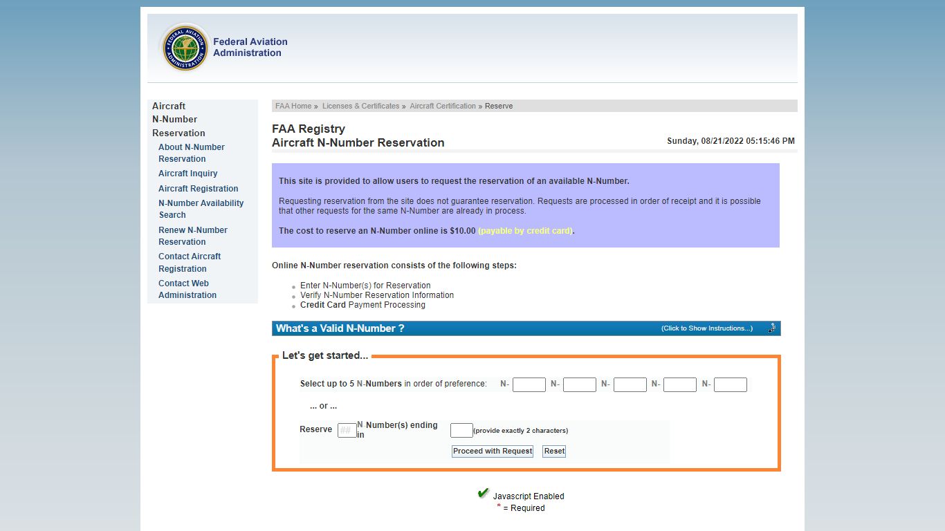 FAA - Registry - Aircraft N-Number Reservation